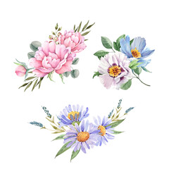 Fototapeta premium set with delicate bouquets of garden flowers illustration watercolor, hand painted on white background