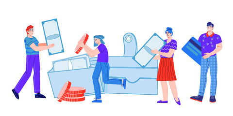 Savings and profit concept with business people putting money into huge wallet. Earnings and finance management, budget economy, cartoon vector illustration isolated on white background.