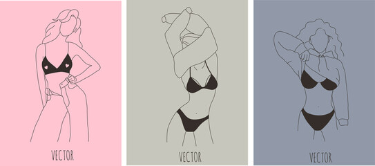 Set of women in lingerie in line art style. Vector.