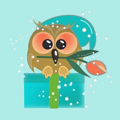 Cute owlet with a tulip in its beak. Cartoon character sitting on a gift box. This is a positive wise bird. Vector isolated illustration on blue background.