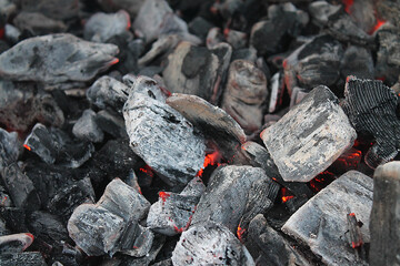 A smoldering pile of coal in the ashes
