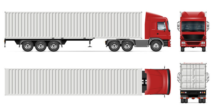 Container truck vector mockup on white for vehicle branding, corporate identity. View from side, front, back and top. All elements in the groups on separate layers for easy editing and recolor