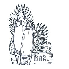 Design of trendy hawaii surf for tiki bar. Traditional ethnic surfing of hawaiian, maori or polynesian. Old tribal board