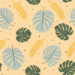 Fototapeta na wymiar Seamless summer pattern with jungle leaves and dots. Monstera background. Design with tropical, heat, relaxation, exotic plants and vibrant flowers. Vector illustration