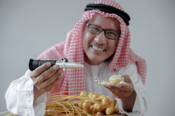 Selective focus of Arab senior man's hands hold Brix Refractometer and glass plate contain piece of date palm slices for test sweetness level of sugar in fruits. Muslim male smile on blur background