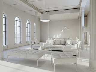 Illustration 3D rendering large luxury modern bright interiors Living room mockup computer digitally generated image