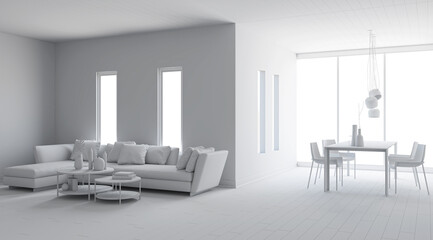 Illustration 3D rendering large luxury modern bright interiors Living room mockup computer digitally generated image