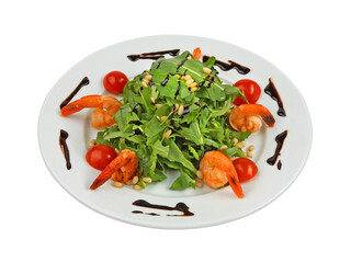 Healthy fresh salad with shrimps, arugula and pine nuts