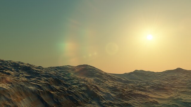 realistic surface of an alien planet, view from the surface of an exo-planet