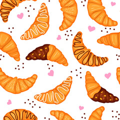 pattern with sweets. Croissants with chocolate, white icing, Cartoon traditional French croissant. Pastries, sweet dessert for breakfast or lunch. Vector illustration.