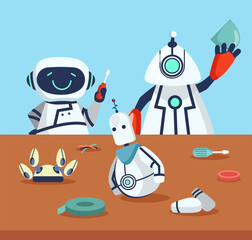 Cute robots creating friend cartoon illustration. Happy vector electronic cyborgs making robot on table. Artificial intelligence, robotics, technology concept