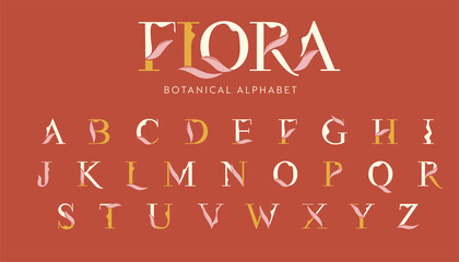 Vector Floral Alphabet with decorative leafs elements. Modern elegance font with uppercase letters. Vector Illustration.