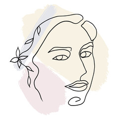 One line woman's face art. Abstract spots of pastel colors on the background. Composition in contemporary style. Beautiful girl, design for poster or print. Vector hand draw illustration.