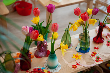Concept of spring holiday, womens day or mothers day in montessori school