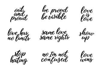 LGBTQ lettering set. Conseptual lgbt rights hand drawn illustrations and calligraphy quotes for posters, stickers, flyers, banners, t-shirt, prints. Festival slogan.