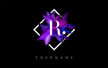 R Letter Logo Design with Colorful ink Stroke over White Square Frame.