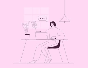 Woman working on laptop in the office or home office. Outline vector illustration, business concept
