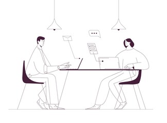 Woman and man working together using laptop in the office or home office. Outline vector illustration, business and teamwork concept