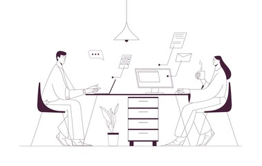 Woman and man working together using laptop in the office or home office. Outline vector illustration, business and teamwork concept