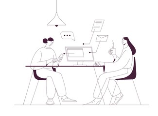 Women working together using computer and smartphone in the office or home office. Outline vector illustration, business and teamwork concept