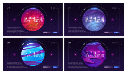 Galaxy travel cartoon landing page with planets in outer space, cosmic objects in dark starry sky. Cosmos and Universe exploration adventure, scientific trip, futuristic fantasy vector web banner © klyaksun