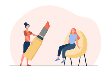 Tiny happy woman with giant lipstick. Make-up, chair, lip flat vector illustration. Beauty and cosmetics concept for banner, website design or landing web page