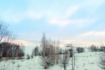 beautiful spring landscape in a hilly area at sunset of the day. Rare trees on the hills await spring. Ecology at a high level