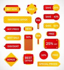 Vector stickers, price tag, banner, label. Coupon sale, offers and promotions vector template.