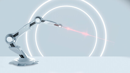 Robotic robot arm, industrial machine with laser beam. Futuristic light background with neon white light shapes. 3D illustration.