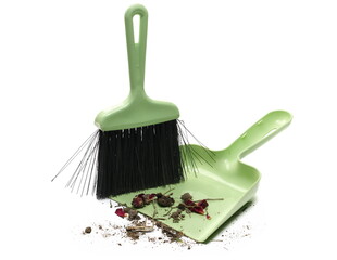 Green dustpan with bristle, broom sweeper with dirt isolated on white background, top view