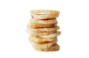 Heap of sweet banana slices on white background. Dried fruit as healthy snack