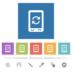 Mobile syncronize flat white icons in square backgrounds