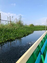 Inle Lake, Myanmar - November 9, 2019: Boat navigating through floating gardens in Inle Lake