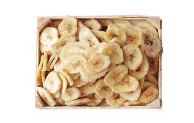 Wooden bowl with sweet banana slices on white background, top view. Dried fruit as healthy snack