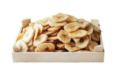 Wooden bowl with sweet banana slices on white background, top view. Dried fruit as healthy snack
