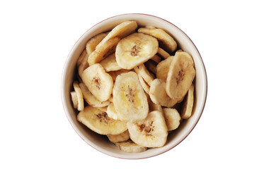 Bowl with sweet banana slices on white background, top view. Dried fruit as healthy snack