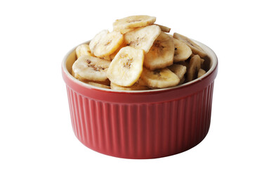 Bowl with sweet banana slices on white background, top view. Dried fruit as healthy snack