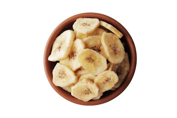 Bowl with sweet banana slices on white background, top view. Dried fruit as healthy snack
