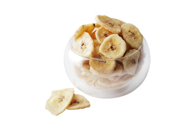Bowl with sweet banana slices on white background, top view. Dried fruit as healthy snack