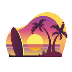 Tropical landscape with sunset on the ocean, palm trees and surfboard. Vector layout of a surf-themed sticker.