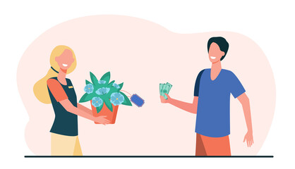 Obraz na płótnie Canvas Cheerful man paying for delivered flowers. Money, gift, blossom flat vector illustration. Delivery service and plants concept for banner, website design or landing web page