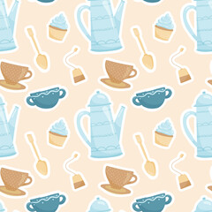 Cute cozy vector seamless pattern. Cups and teapot with tea, tea bag, muffin and teaspoon. Tea ceremony in warm colors. Decoration background or wrapping paper in cartoon style.