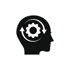 Human head with gear and circular arrow. Adaptation, processing idea icon concept isolated on white background. Vector illustration
