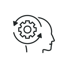 Human head with gear and circular arrow. Adaptation, processing idea icon concept isolated on white background. Vector illustration