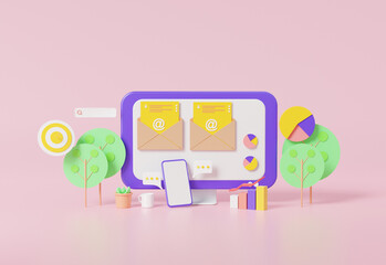 Digital document Optimization web analytics email marketing development concept with Through smartphone screen blank on pink pastel. Advertising illustration, 3D rendering