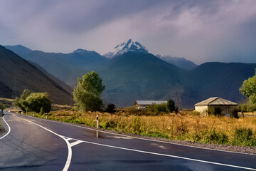 Highway overlooking Mount Kazbeg Georgia