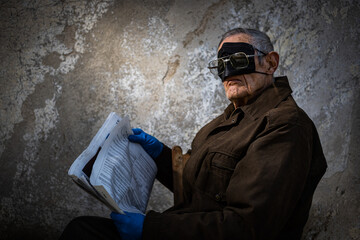 An old man,protesting against the Corona repression wearing several masks on his face