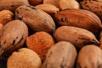 Mixed whole pecan nuts and almonds closeup detail