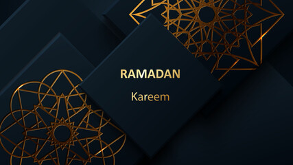 Creative modern design with geometric arabic gold pattern on textured background. Islamic holy holiday Ramadan Kareem. Greeting card or banner. Vector