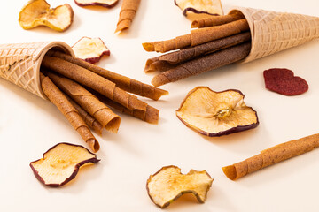 waffle cone with fruit roll up. Fruit pastille top view. Vegan homemade sweets